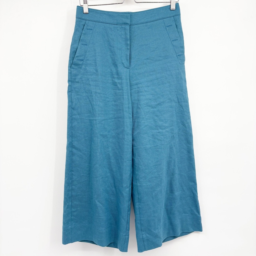 Ann Taylor Womens Teal Linen Blend High Rise Wide Leg Cropped Trouser Pants 2